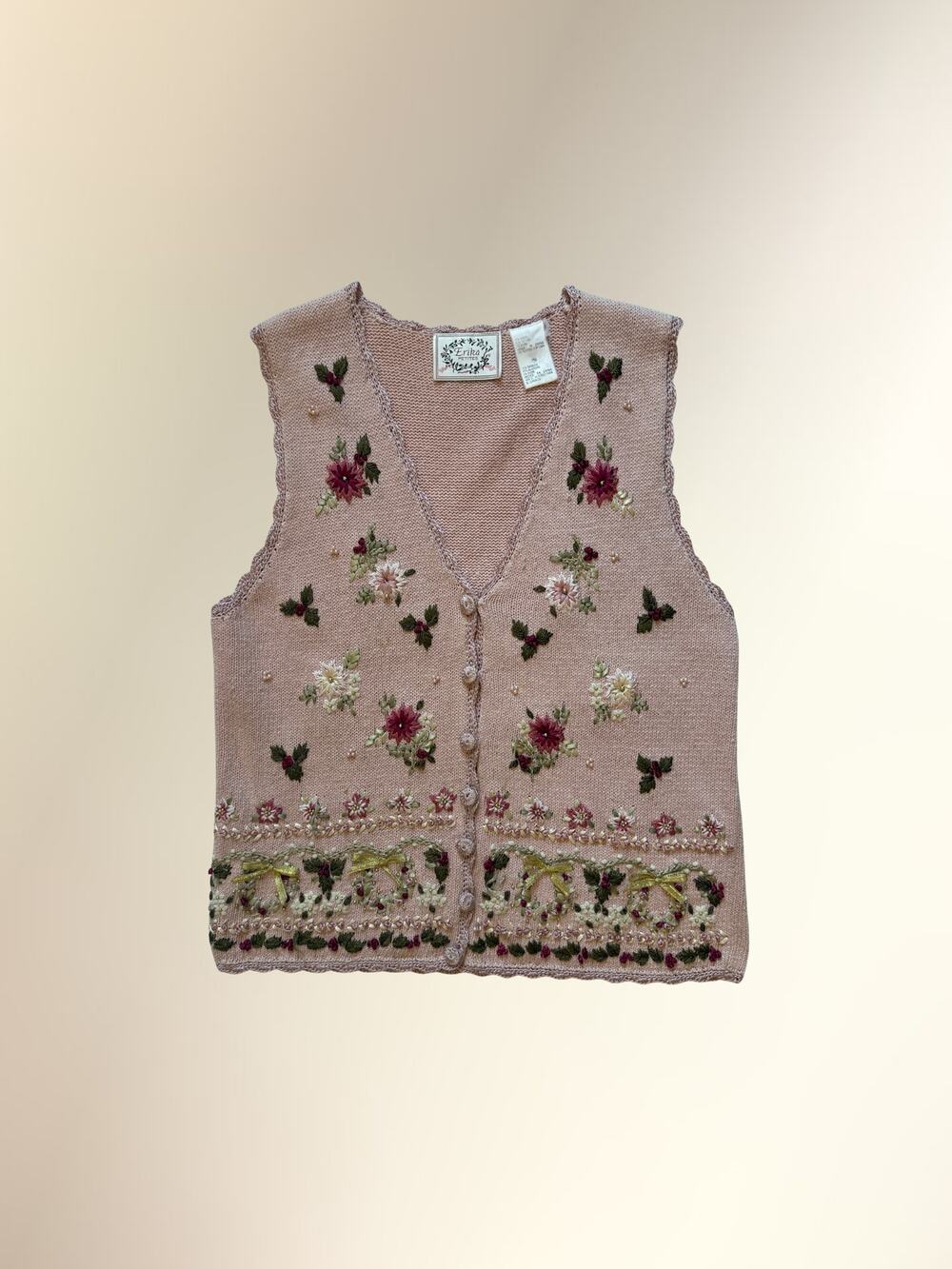 Vintage Erika Petites Pink Floral Ribbon Embroidered Knit Button Vest Women's PM